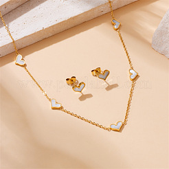 Heart Stainless Steel & Natural Shell Necklaces & Stud Earrings Sets&nbsp;FS-WGB84F7-02