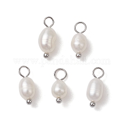 Natural Freshwater Pearl Potato Charms, with Brass Loops, Platinum, 13x4.5mm, Hole: 2mm