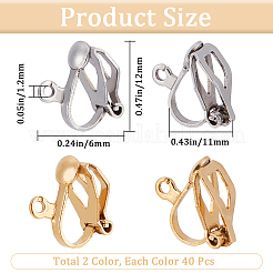 80個 2色 304ステンレススチール クリップオンイヤリング金具  カン付き  本金メッキ&ステンレススチールカラー  12x6x11mm  穴：1.2mm  40個/カラー&nbsp;STAS-SP0001-24
