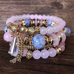 ボヘミアンスタイルのアクリルビーズストレッチブレスレットセット（女性用）4個  合金ビーズで  パールピンク  7-1/8インチ（18cm）&nbsp;WGF9E90-02