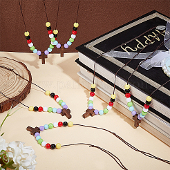 Wood Cross with Acrylic Beaded Pendant Necklaces for Women&nbsp;NJEW-AB00012