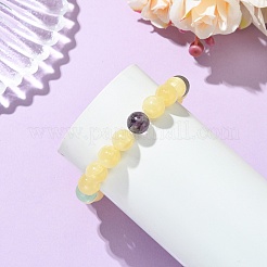 女性用、丸い天然ゴールデンシルクジェイドとレインボーフローライトのビーズを使用したストレッチブレスレット  ビーズ：10.5mm  内径：2.36インチ（6cm）&nbsp;BJEW-JB14056