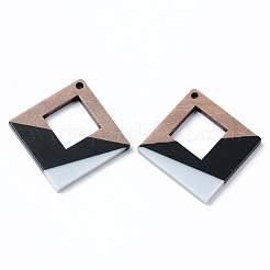 樹脂＆ウォールナットウッドペンダント  菱形  空色  37x37x3mm  穴：2mm&nbsp;RESI-N025-006A-B03
