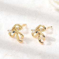 Bowknot Brass Micro Pave Clear Cubic Zirconia Stud Earrings&nbsp;EJEW-P331-03G