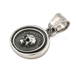 チベット風 304 ステンレススチールペンダント  頭蓋骨とフラットラウンド  アンティークシルバー  22.5x18x4mm  穴：3mm&nbsp;STAS-M334-24AS-1