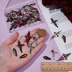36pcs6スタイルハロウィーンテーマ合金エナメルペンダント  十字架の付いた棺とバラのチャームが付いた十字架  ミックスカラー  25.5~47x11~23x3~4mm  穴：1.2~2mm  6個/スタイル&nbsp;FIND-WR0012-66