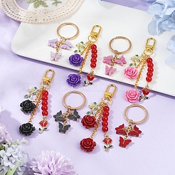 2 スタイルの蝶とバラの合成サンゴと合金のアクリル/エナメルペンダント装飾  ガラスパールビーズと鉄のローロチェーン付き  鉄のスプリットキーリング付き  フラミンゴ  68~108mm&nbsp;KEYC-YW00182-01