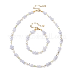 Natural Blue Lace Agate Chip & Dyed Natural Malaysia Jade & Synthetic Hematite & Shell Pearl Bead Necklace & Bracelets Sets&nbsp;SJEW-JS01377