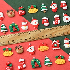 48個12スタイルのクリスマステーマ不透明樹脂ペンダント  鉄パーツ  混合図形  19~28x14.5~24x6~10mm  穴：2mm&nbsp;RESI-FS0001-73