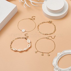 4スタイルのナチュラルシェルビーズアンクレット4点セット。  女性のためのペーパークリップ チェーンが付いている真鍮のヒトデのチャームのアンクレット  ゴールドカラー  9-1/8インチ（23~23.2cm）  1個/スタイル&nbsp;AJEW-AN00526
