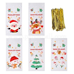 クリスマステーマの粘着プラスチック製ベーキングウェアバッグ  鉄線ツイストタイ付き  チョコレート用  キャンディ  クッキー  長方形  ミックスカラー  271x129x0.1mm  5スタイル  10個/スタイル  50個/袋&nbsp;ABAG-F006-03