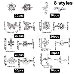 220ppcs 8スタイルチベットスタイルリンクコネクター  花とクローバーとフラットラウンドと蓮の花と蝶とフラミンゴと鳥  アンティークシルバー  12~21.5x10.6~20x1.5~2.5mm  穴：1.5~2mm  220個/箱&nbsp;TIBEB-CA0001-18