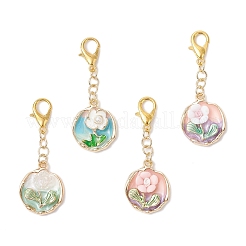 4個 4スタイル 合金エナメル&樹脂&アクリルパーツ装飾  カニカン付き  花柄とフラットラウンド  ゴールドカラー  51mm  1個/スタイル&nbsp;HJEW-JM03932