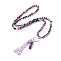 Natural Amethyst Bullet & Tassel Pendant Necklace with Mixed Gemstone Beaded Chains&nbsp;NJEW-E585-02C