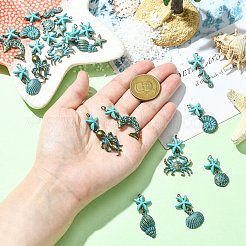 18個9スタイルアロイペンダント  合成ターコイズと鉄のリング付き  混合図形  アンティークブロンズ＆グリーングリーン  30~45mm&nbsp;PALLOY-CJ00182
