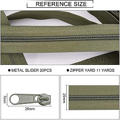 ナイロンガーメントアクセサリー  ファスナー部品セット  ナイロンジッパー＆合金ジッパープラー  オリーブ  1000x25mm  頭を引っ張る：26x7x5.5mm&nbsp;FIND-WH0056-21A-03