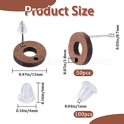 木製スタッドピアス金具50個  穴と100個のプラスチック製イヤーナット付き  リング  12mm  穴：1.8mm  ピン：0.7mm&nbsp;FIND-SP0001-19A