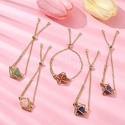 混合天然カーネリアン & ラピスラズリ & グリーン アベンチュリン & ローズ クオーツ & アメジスト ブレスレット  ひし形真鍮マクラメポーチブレスレット  女性のための  ゴールドカラー  内径：3/4~2-5/8インチ（1.9~6.6cm）&nbsp;BJEW-JB09879-02
