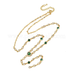 真鍮製パヴェキュービックジルコニアハートペンダントYタッセルネックレス（女性用）  カドミウムフリー＆鉛フリー  長持ちメッキ  ラックめっき  18KGP本金メッキ  グリーン  18.39インチ（46.7cm）&nbsp;NJEW-A071-01G-05
