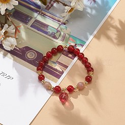 天然カーネリアン（染色＆加熱）＆ストロベリークォーツビーズストレッチブレスレット、ガラスストロベリーチャーム付き女性用  クリムゾン  内径：2-3/8インチ（6.15cm）&nbsp;BJEW-JB09026