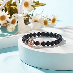 Synthetic Black Stone Round Beaded Stretch Bracelet with Brass Lion&nbsp;BJEW-JB07864-01