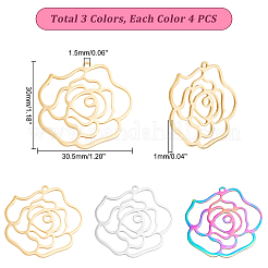 12個3色201ステンレスペンダント  レーザー切断  ローズ  バレンタインデーの  ミックスカラー  30x30.5x1mm  穴：1.5mm  4個/カラー&nbsp;STAS-DC0010-08