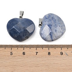 天然ブルーアベンチュリン（染色・加熱）ペンダント  多面カットハートチャーム  鉄製のベール付き  プラチナ  21.5~22.5x23~23.5x9~10mm  穴：2.5x7~7.5mm&nbsp;G-A281-02P-07