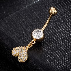 真鍮製キュービックジルコニアへそピアス  ベリーリング  304ステンレススチールバー付き  カドミウムフリー＆鉛フリー  18KGP本金メッキ  ハート  透明  34x12mm  バー: 15 ゲージ (1.5mm)  バーの長さ: 3/8
