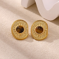 304ステンレススチールと天然タイガーアイのスタッドピアス  太陽とオーバル  ゴールドカラー  23x18mm&nbsp;WG09903-01