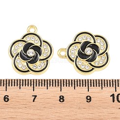 合金製ブラックエナメルペンダント  クリスタルラインストーン付き  花のチャーム  ラックめっき  ゴールドカラー  19.5x17x3.5mm  穴：2mm&nbsp;FIND-C095-09G