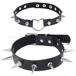 2Pcs 2 Styles Adjustable Gothic PU Leather Alloy Heart Spike Rivet Choker Necklaces for Women&nbsp;NJEW-CL0001-16