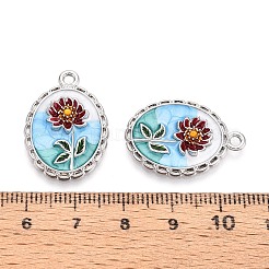 メッキ合金エナメルチャームラック  楕円形と花  プラチナ  25.5x18x3.5mm  穴：1.8~2mm&nbsp;ENAM-N065-12P