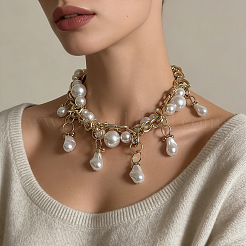 Baroque Alloy & Imitation Keshi Pearl Nuggets and Round Tassel Bib Necklaces for Women&nbsp;WG3C425-01