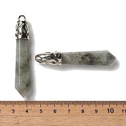 天然ラブラドライトの尖った大きなペンダント  ラックメッキのファセット加工された弾丸チャーム、プラチナメッキの真鍮製金具  56~65x11~11.5x10~10.5mm  穴：4mm&nbsp;G-Z055-01P-23