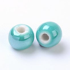 釉薬をかけた磁器製の丸いビーズ  光沢のあるセラミックビーズ  ライトシーグリーン  6mm  穴：1.5mm&nbsp;PORC-S489-6mm-06