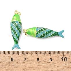 真鍮チャーム  魚  エナメル  ゴールドカラー  カドミウムフリー＆鉛フリー  ラックめっき  長持ちメッキ  丸カン付き  グリーン  33x9x7.5mm  穴：3.2mm&nbsp;KK-D019-29A-02G