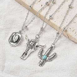3Pcs 3 Styles Retro Alloy Synthetic Turquoise Cow Head/Cactus/Oval Pendant Satellite Chain Necklace Sets for Women&nbsp;NJEW-B120-01C