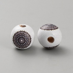 プリントウッドヨーロピアンビーズ  大穴丸いビーズ  花  コーヒー  15~15.5mm  穴：4mm&nbsp;WOOD-CJC0001-20I
