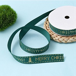 フラット クリスマス テーマ ポリエステル グログラン リボン  ホットスタンプリボン  洋服アクセサリー  濃い緑  メリークリスマス  言葉  5/8インチ（16.5mm）  約9.84ヤード（9m）/ロール&nbsp;OCOR-YWC0001-01A-03