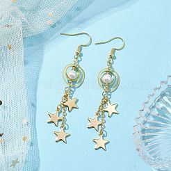真鍮のダングルのピアス  シェルパールビーズ付き  スター  ゴールドカラー  75x14mm&nbsp;EJEW-TA00478