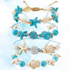 4Pcs 4 Style Turtle & Starfish & Round Synthetic Green Turquoise Braided Beaded Bracelets Sets&nbsp;BJEW-SC0001-43