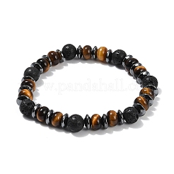 Tiger Eye with Hematite Partition and Lava Beaded Stretch Bracelets for Women Men&nbsp;BJEW-Q031-02A