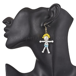 真鍮ガラスシードダングルイヤリング  少女と少年  左右  ゴールドカラー  混合図形  61x29mm&nbsp;EJEW-TA00683