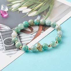 女性のために設定されたシェル形状のキュービックジルコニアチャームストレッチブレスレット  天然溶岩とポリマー粘土と天然アマゾナイトビーズブレスレット  ゴールドカラー  内径：2-5/8~3-1/8インチ（6.6~7.8cm）  4個/セット&nbsp;BJEW-JB06850-04