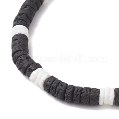 Natural Lava Rock & White Shell Flat Round Beads Stretch Bracelets for Men&nbsp;BJEW-JB12462-01