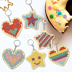 1 Set Wooden Heart Star Keychain Embroidery Beginner Kit&nbsp;DIY-SC0030-07