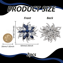 フラワーガラスラインストーンブローチ2個  バックパック用合金バッジ付き  プラチナ  58x60mm&nbsp;JEWB-FG0001-50