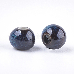手作りの陶器ビーズ  ファンシーアンティーク施釉磁器  ラウンド  マリンブルー  6~7x5.5~6mm  穴：2~2.5mm&nbsp;X-PORC-S498-19B-05