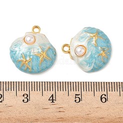 304ステンレススチールエナメルペンダント  absプラスチックパール  貝殻の形とヒトデのチャーム  18KGP本金メッキ  PVD真空メッキ  ライトブルー  20x18.5x6mm  穴：2mm&nbsp;STAS-L026-02G-01