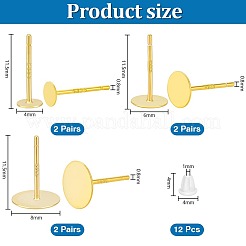 6ペア、3スタイル、925スターリングシルバーフラットパッドスタッドピアス金具  スタンプ925個付きイヤリングポスト  12個のプラスチック製イヤーナット付き  ゴールドカラー  トレイ：4~8mm  11.5mm  ピン：0.8mm  2ペア/スタイル&nbsp;STER-PH0004-72